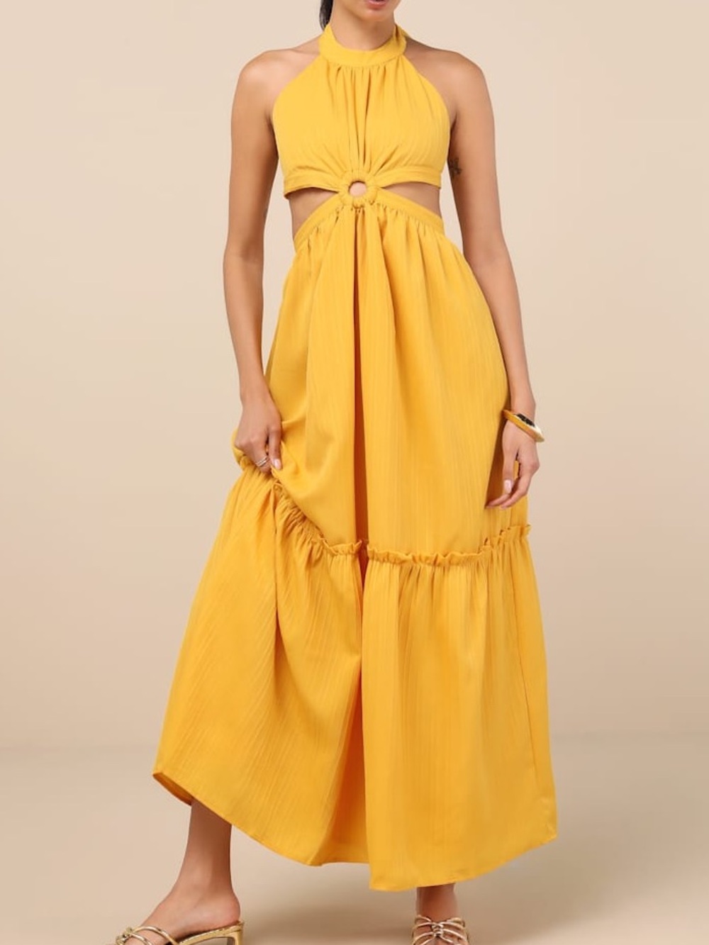 Lulus Island Vacay Marigold Yellow Tie Back Maxi Dress small